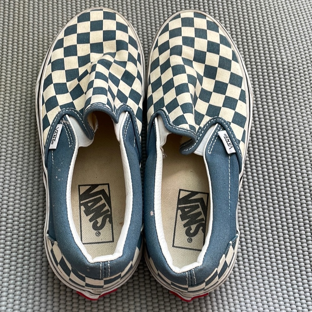 Checkerboard slip on Vans, blue and white. 7.5 women 6 men.